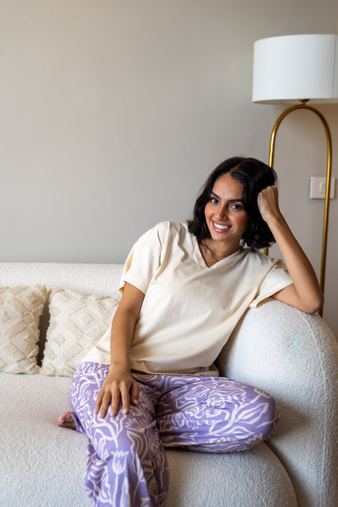 Women summer pajama set Creamy T-shirt + Mauve Flowers Pants